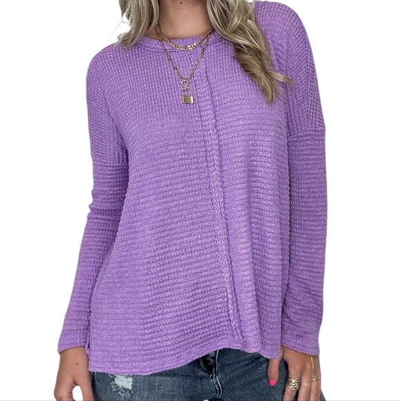 Zenana Outfitters Tops - New Zenana Purple Waffle Knit Top Size S M L XL Relaxed Fit